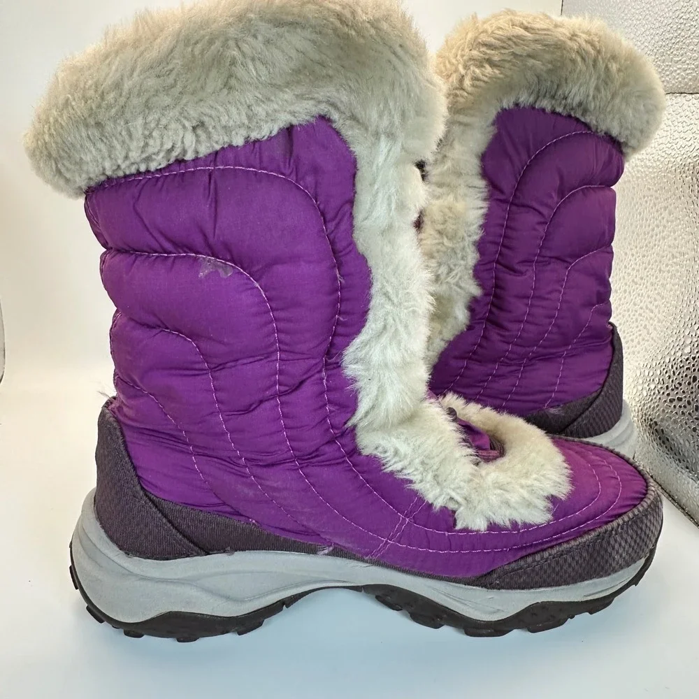 The North Face Snow Boots Kids 1 Purple Faux Fur Trim Quilted Winter Gorpcore